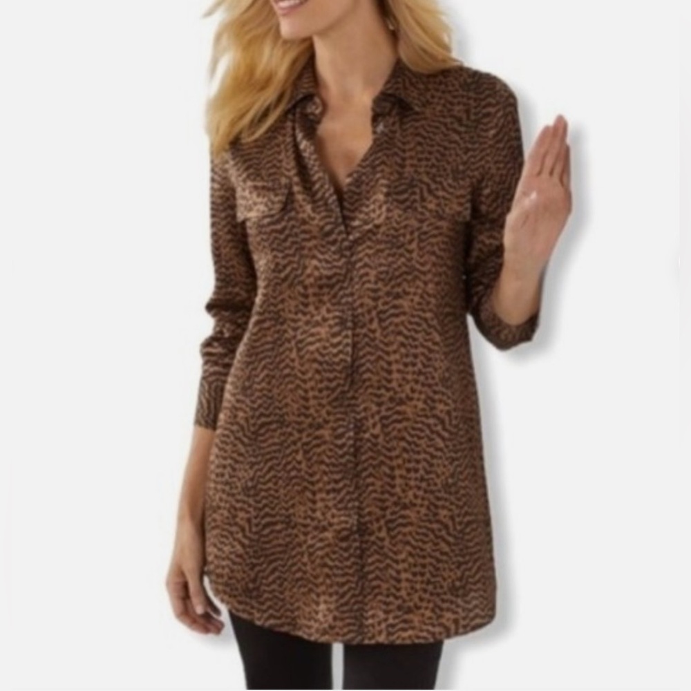 Soft Surroundings Silk 💯 Animal Print Brown Button Blouse Women Size XS